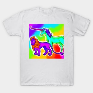 Medieval Derpy Lion and Unicorn Bad Medieval Art Trippy Rainbow Frank 90s Style T-Shirt